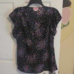 Kate Spade Lux SzSm Deep V-Neck Black Blouse with Confetti Dots & Ruffles